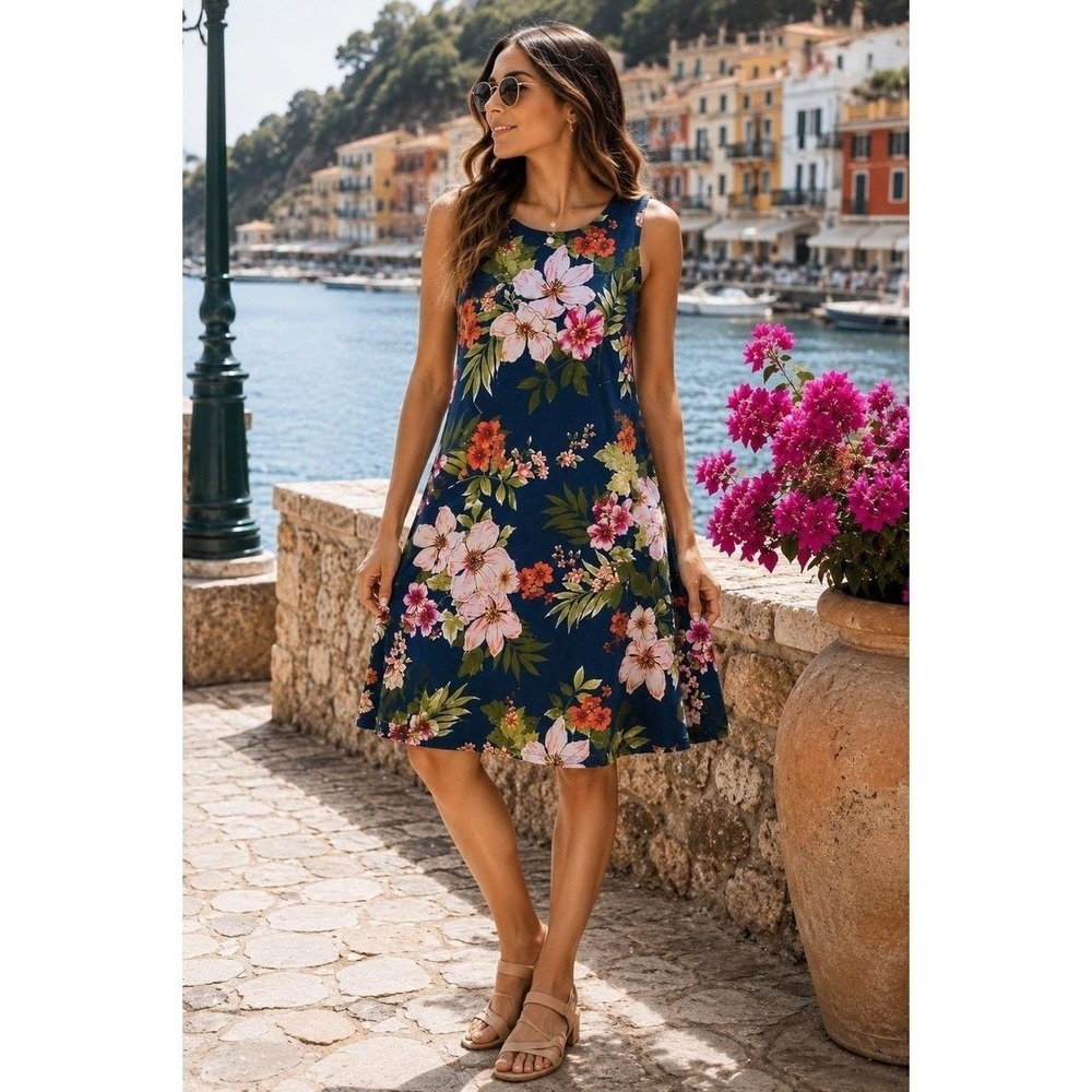 J.Jill Women's Small Navy Floral Sleeveless Shift Dress Rayon Stretch Casual